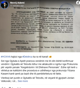 Nevrij Ademi fiton një proces gjyqësor